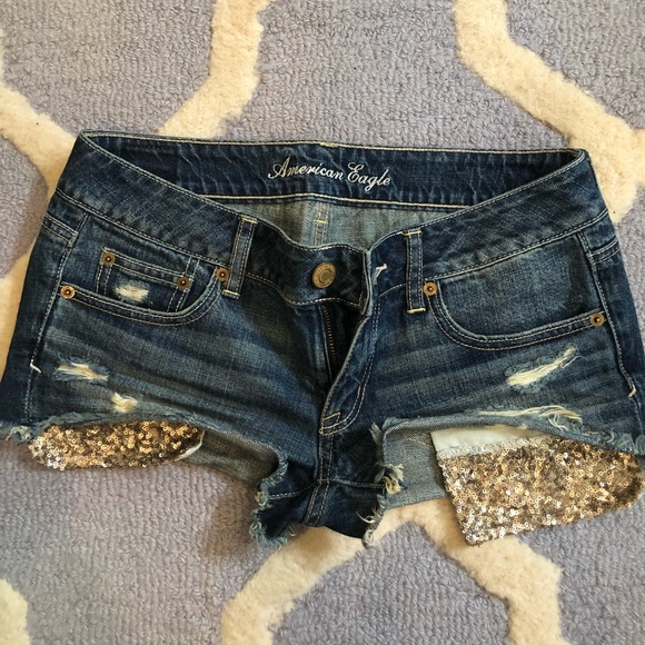 american eagle denim shorts w/gold sequin pockets - Picture 1 of 2